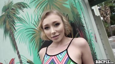 Sexy blonde teen's pussy overflows with juices taking a BBC