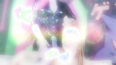 Neon pink haired girl dominates lesbian with a strap on