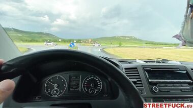 Smiling blonde hitchhiker riding cock