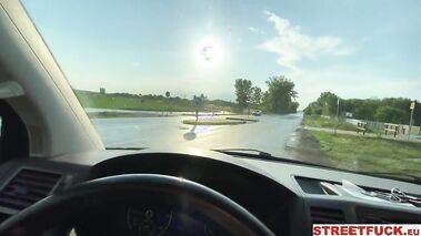 Smiling blonde hitchhiker riding cock