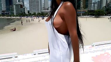 Portuguese nymph hotwife flashing on the beach