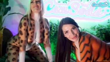 Leopard And Tiger Girls Share A Cock