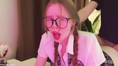 Nerdy School Girl Gives Head Swallowing Cum